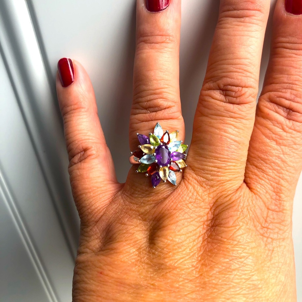 Sterling Silver Gemstone Floral Cluster Ring - Picture 2 of 6